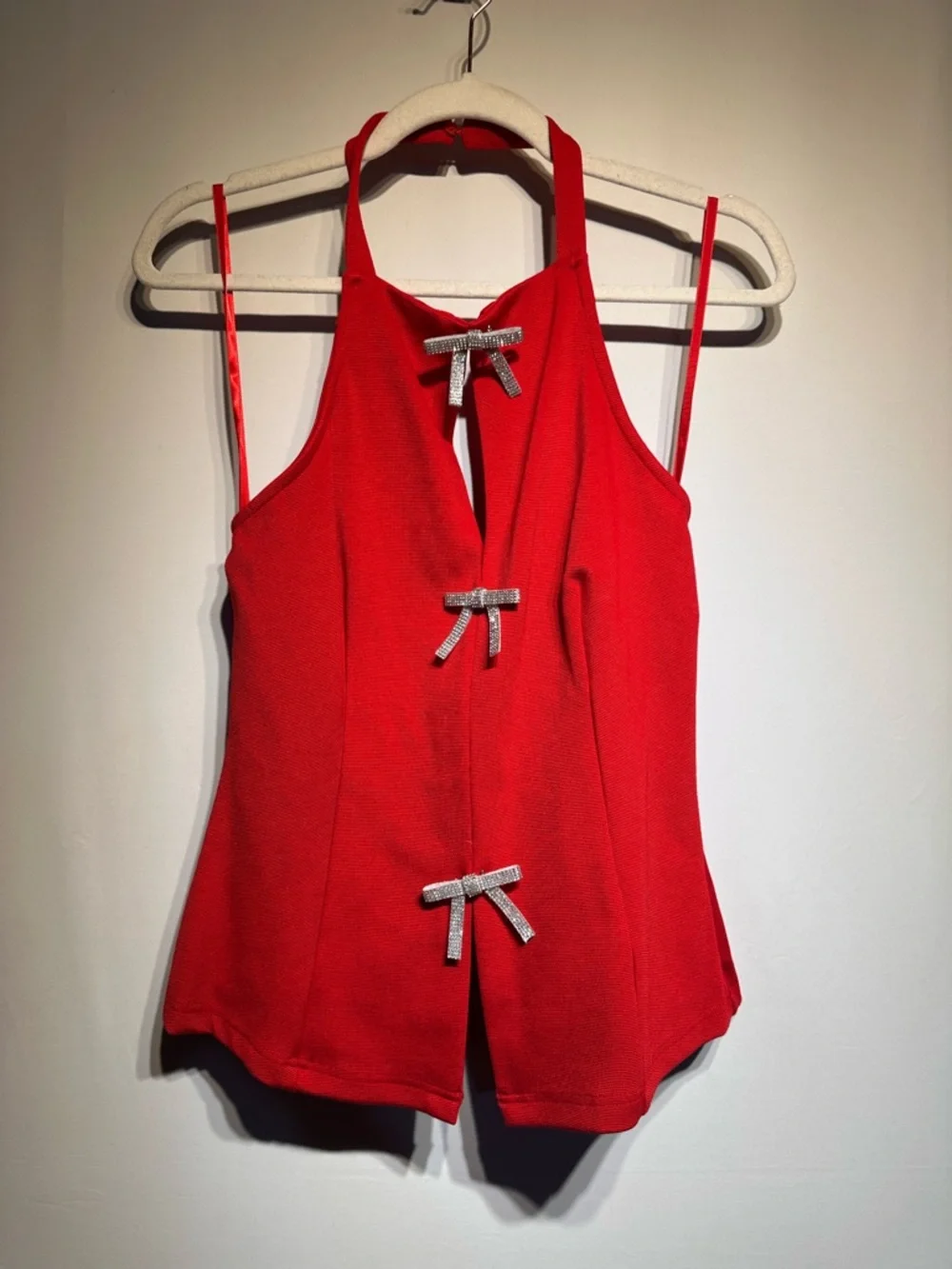 Maeve Red Halter Top with Rhinestone Bow Accents - Picture 4 of 8